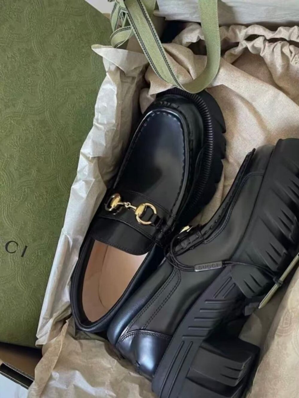 Gucci Women’s Black Glossy Leather Horsebit Lug Sole Loafers